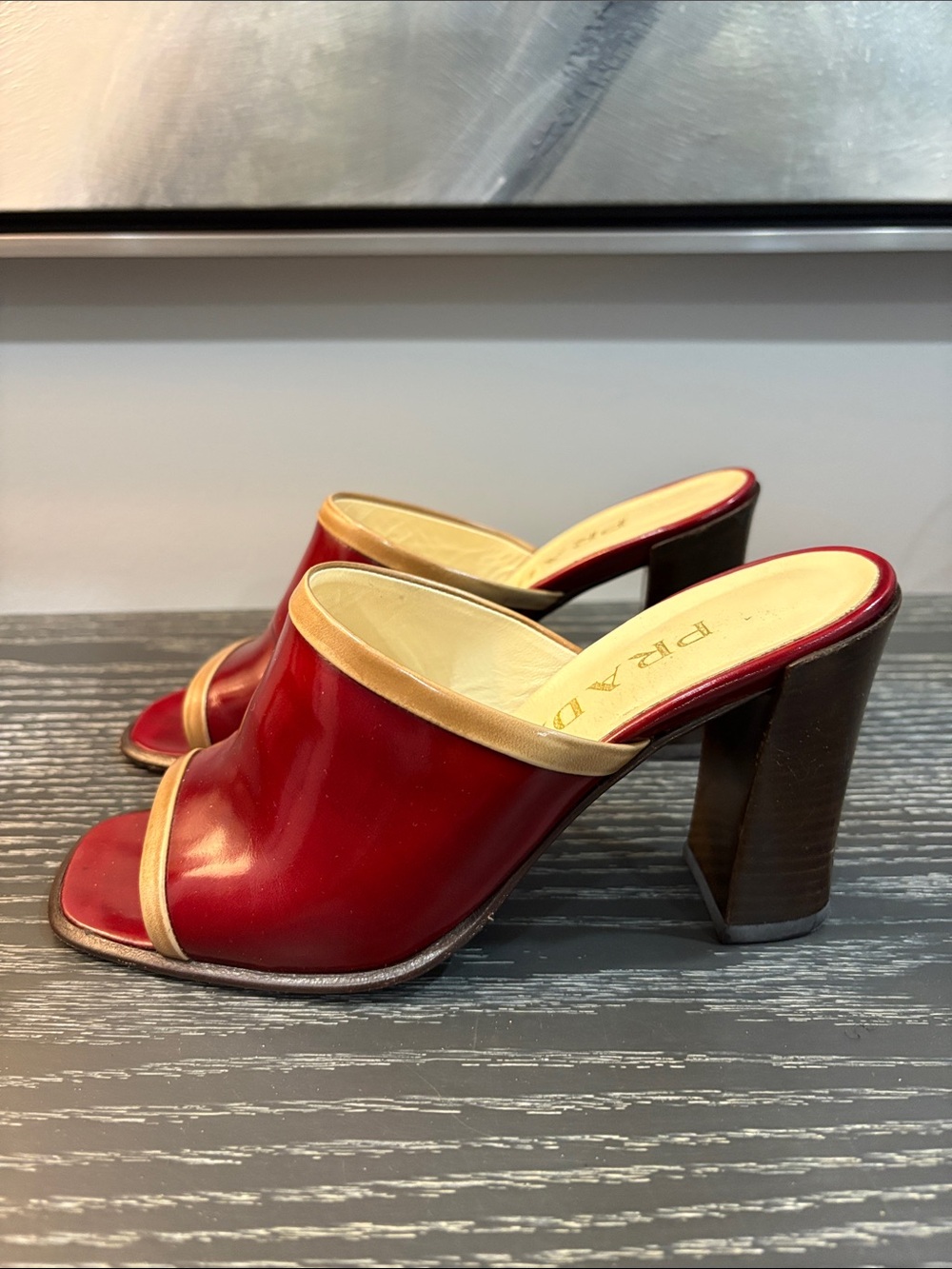 Prada Burgundy Patent Leather Slide Mules with Gold Trim